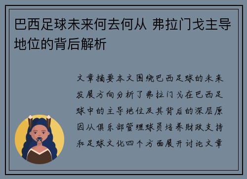 巴西足球未来何去何从 弗拉门戈主导地位的背后解析